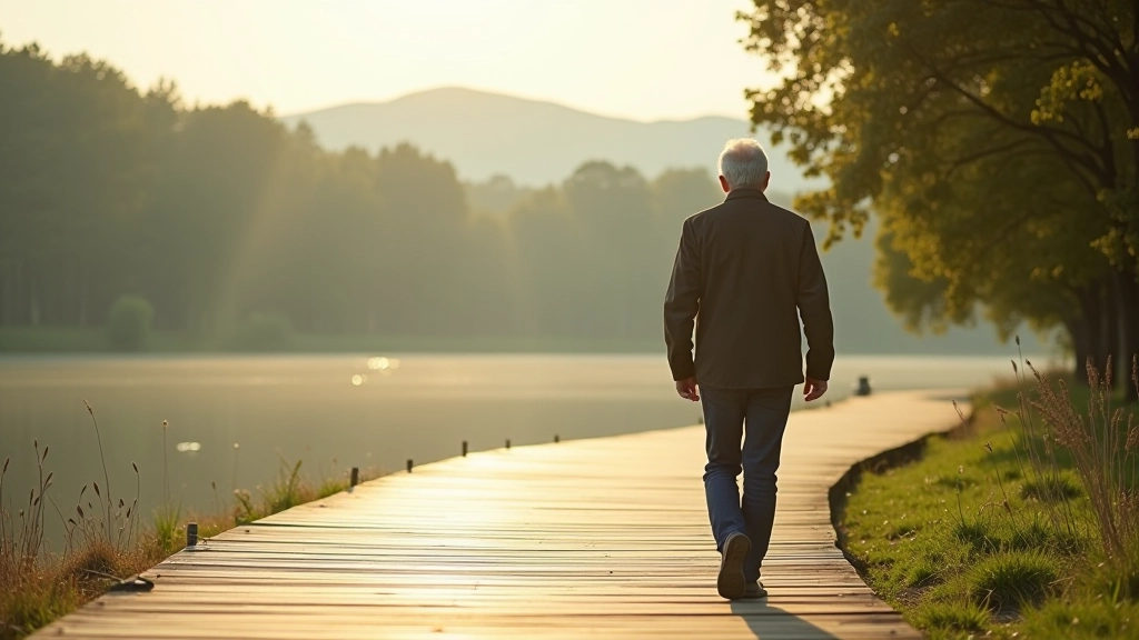 Senioras vaikšta prie ežero kranto žiūrėdamas į vandenį